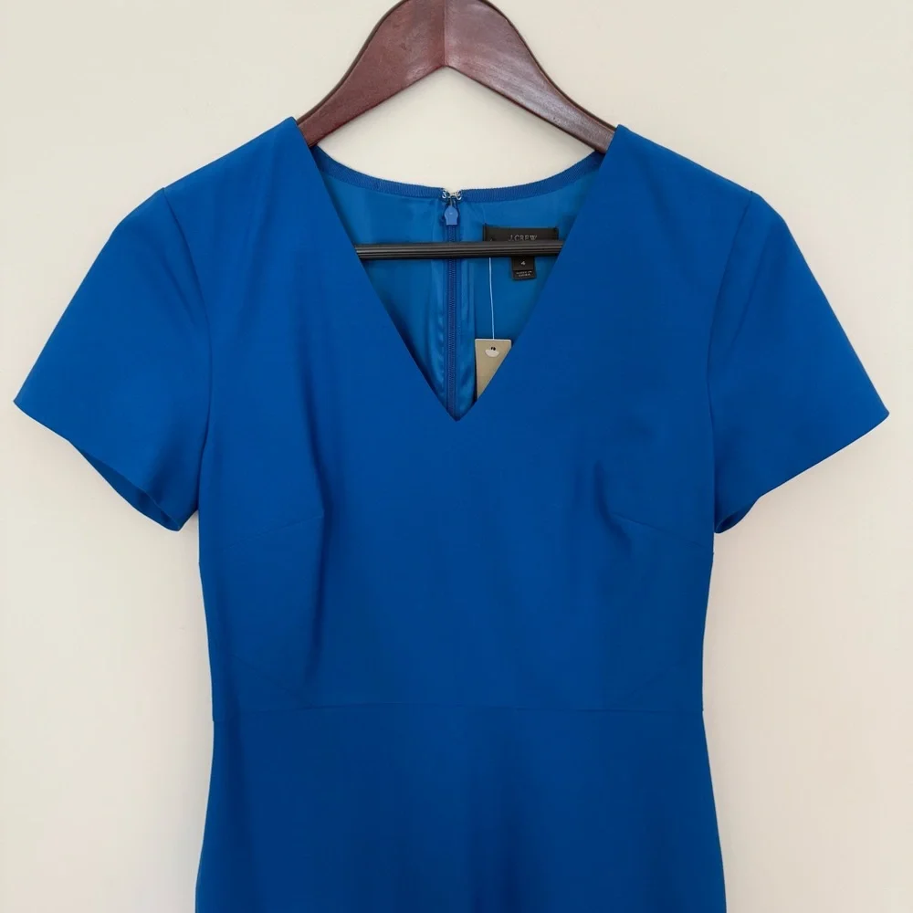 NWT J. Crew Royal Blue Sheath Dress with V-Neck back zipper back vent suiting